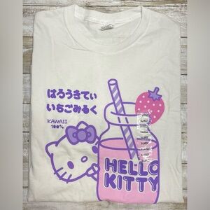 Hello Kitty Kawaii Strawberry Milk Crop Top White Pink Graphic Tee Size XL New